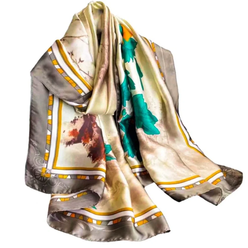🌹🆕 Silky Scarf Wrap Shawl with Gray Ivory Teal Design - Picture 7 of 11